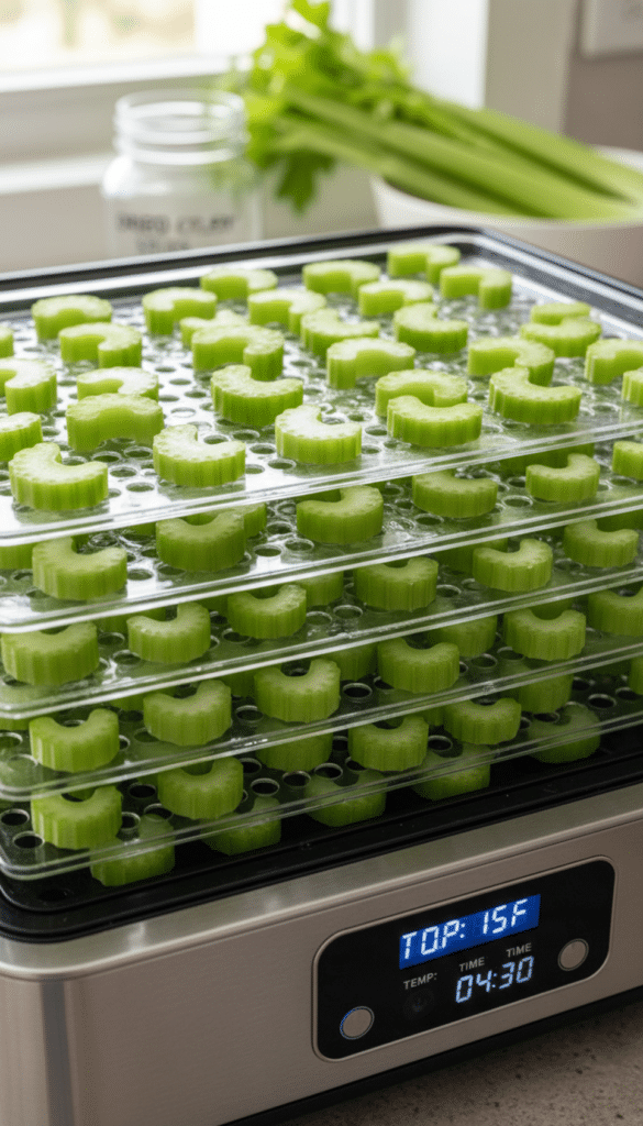 The image depicts the process of dehydrating fresh celery stalks, showcasing sliced pieces laid out in a food dehydrator. The vibrant green color of the celery contrasts with the drying trays, emphasizing the fresh taste and texture that will be preserved for long-term storage in a dry place.