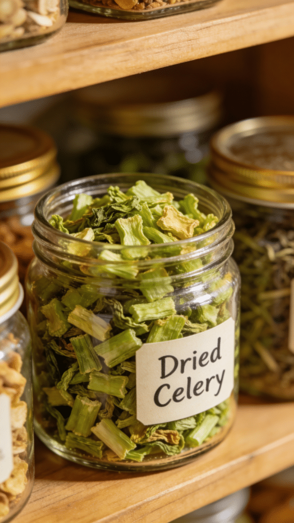 The image depicts jars filled with dehydrated celery pieces, showcasing their vibrant color and texture, ideal for long-term storage in a purposeful pantry. This shelf-stable food is perfect for adding fresh taste to soups, stews, and salads, ensuring you have a convenient ingredient on hand for various recipes.