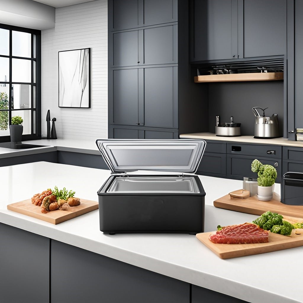chamber vacuum sealer on a countertop in a kitchen surrounded by food on chopping boards