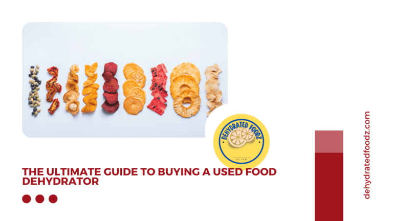 dehydrated foods lined on a white background with blog title and yellow site logo
