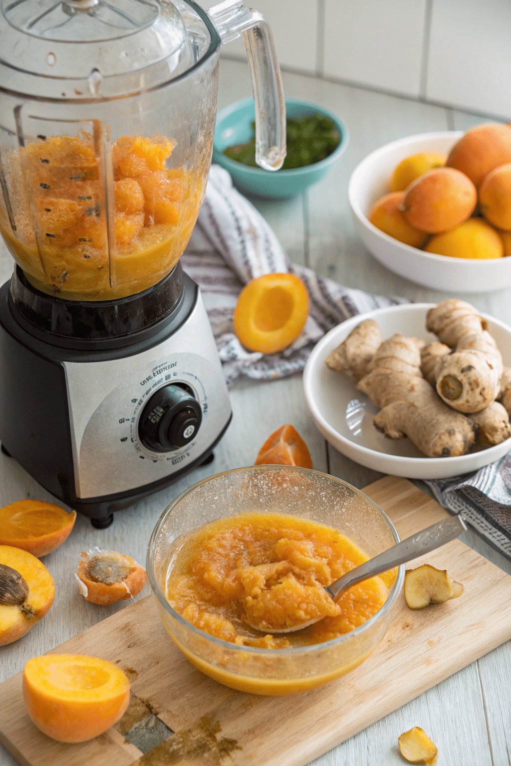 Apricot puree being blended with ingredients like ginger and lemon juice, illustrating the preparation process.