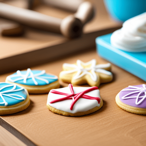 Royal icing cookies with icing on a wooden worktop.