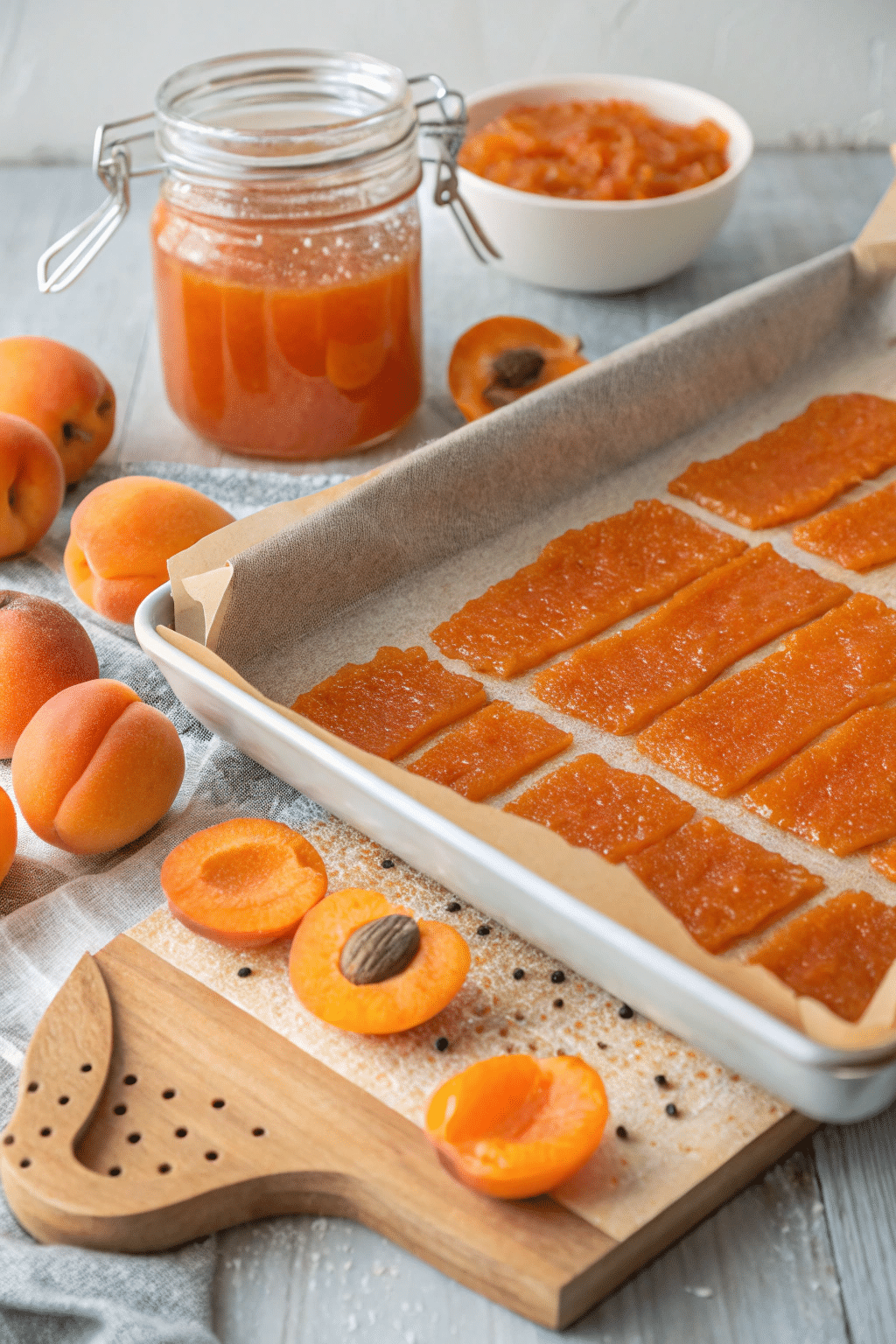 Finished apricot fruit leather on a dehydrator tray, showing its smooth and glossy texture.
