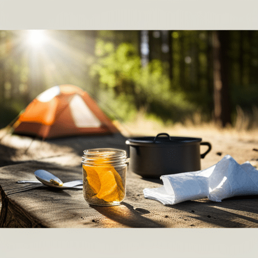 camping tent next to camping meal pot and dehydrate mango in glass jar