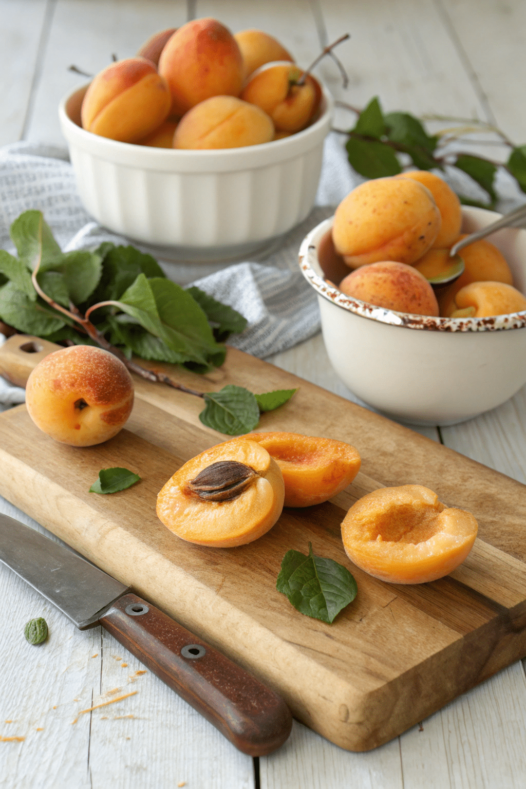 Fresh apricots being prepared on a cutting board, ready for cleaning and pitting.