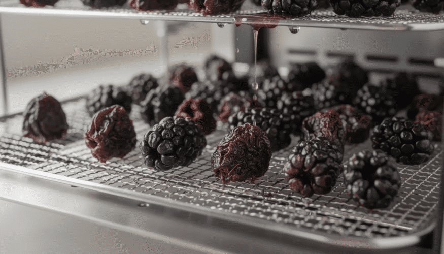 The image depicts a vibrant assortment of fresh blackberries arranged on parchment paper, ready for the dehydration process. Nearby, a food processor and mason jars suggest the next steps to make blackberry powder and store the dehydrated berries for long-term use.