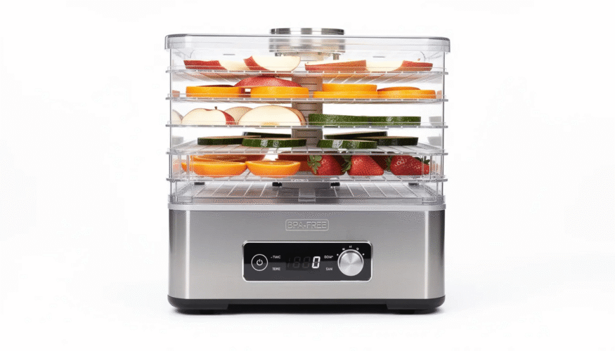 The image features a BPA-free food dehydrator with stainless steel and plastic trays arranged neatly, showcasing the versatility for drying various foods like fruits, vegetables, and meat jerky. The digital display indicates the temperature range, while the design highlights its dishwasher-safe components for easy cleaning and maintenance.