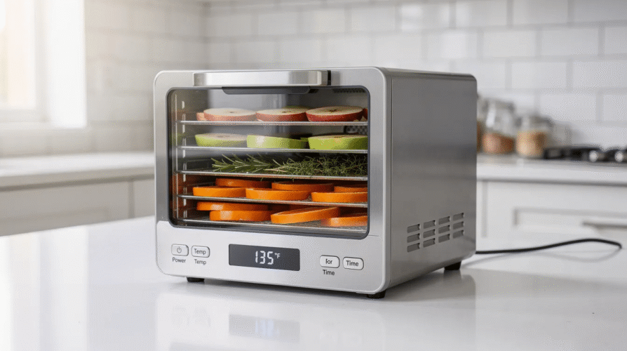 The image features a small food dehydrator with stainless steel trays, designed for preserving a variety of foods such as fruits, vegetables, and meats. It showcases adjustable temperature settings and a digital display for precise temperature control, making it a convenient option for creating dehydrated snacks like apple chips and beef jerky.