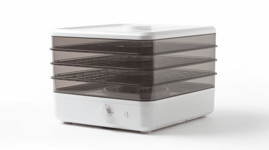The image features a compact, square-shaped small food dehydrator with four plastic trays, designed for efficient food preservation. It showcases the dehydrator's space-efficient design, ideal for making dried fruits, vegetables, and snacks like beef jerky and apple chips.