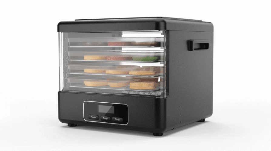 The image features a small black food dehydrator with five stainless steel trays, designed for efficiently preserving various foods like fruits, vegetables, and meats. Its compact size makes it ideal for storing dehydrated food, while the adjustable temperature settings ensure consistent results for making snacks like apple chips and beef jerky.