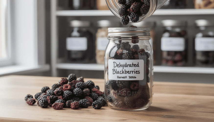 The image shows a collection of dehydrated blackberries stored in glass jars, with some jars labeled for easy identification. The jars are neatly arranged on a shelf, highlighting the dried fruit's vibrant color and texture, making them an appealing option for healthy snacking or use in recipes.