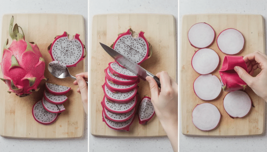 The image depicts a freshly scrubbed dragon fruit being sliced into 1/4 inch thick pieces, with the vibrant pink skin and white flesh visible. The preparation process highlights the fruit's texture and color, showcasing the delicious dragon fruit slices ready for dehydration.