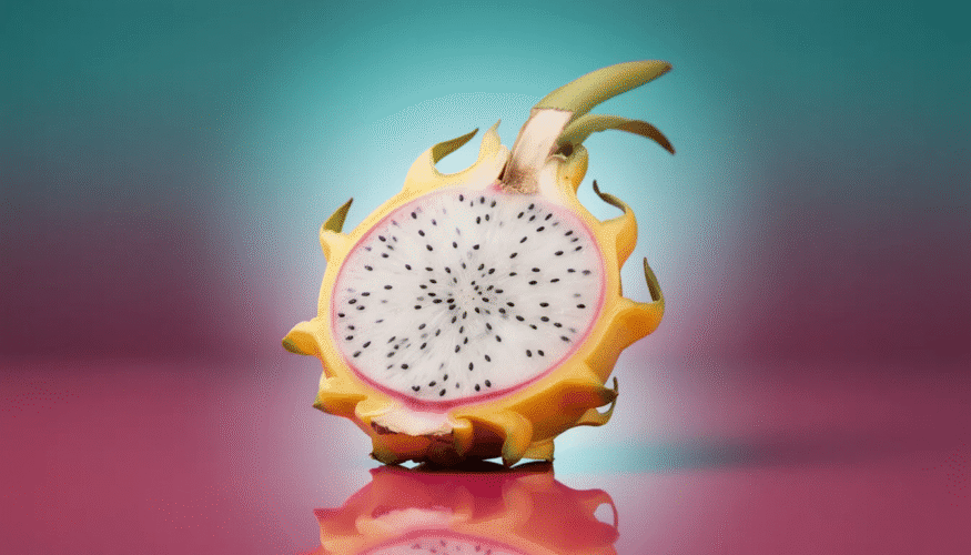 The image features a vibrant yellow dragon fruit set against an eye-catching background, showcasing its unique texture and bright color. This delicious fruit, known for its sweet flavor and soft flesh, is often enjoyed in smoothies or as a healthy snack.