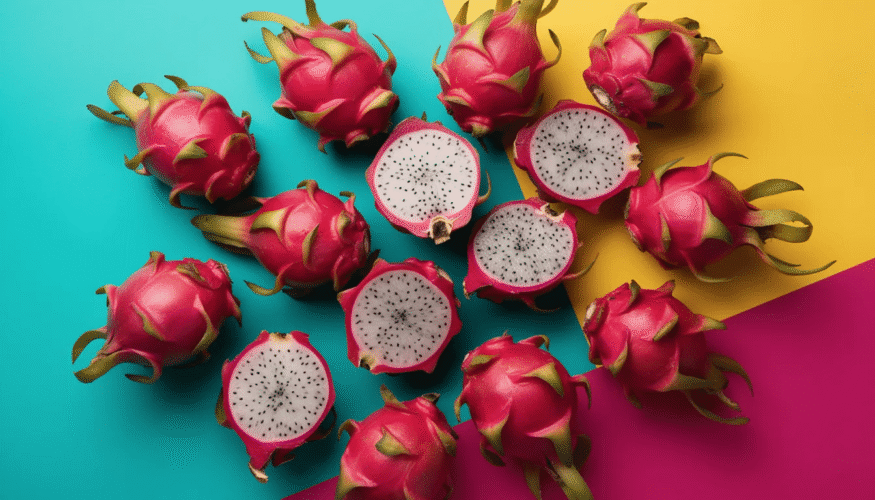 The image features a vibrant assortment of dragon fruit, showcasing various colors and textures against a colorful background. The dragon fruit, known for its striking appearance, includes both whole fruits and slices, highlighting the unique white flesh and the delicious, sweet flavor that makes it a popular choice for snacks and recipes.
