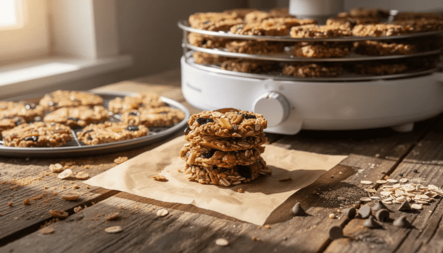 The image shows a dehydrator filled with a dozen beautifully decorated sugar cookies, arranged on stacking trays to maximize drying space. The cookies are adorned with royal icing, and the dehydrator is set to the lowest temperature to ensure they dry completely without color bleed or craters.