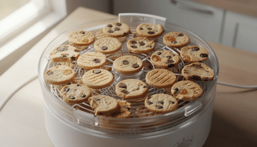 The image shows a dehydrator filled with a dozen beautifully decorated sugar cookies, arranged on stacking trays to maximize drying space. The cookies are adorned with royal icing, and the dehydrator is set to the lowest temperature to ensure they dry completely without color bleed or craters.