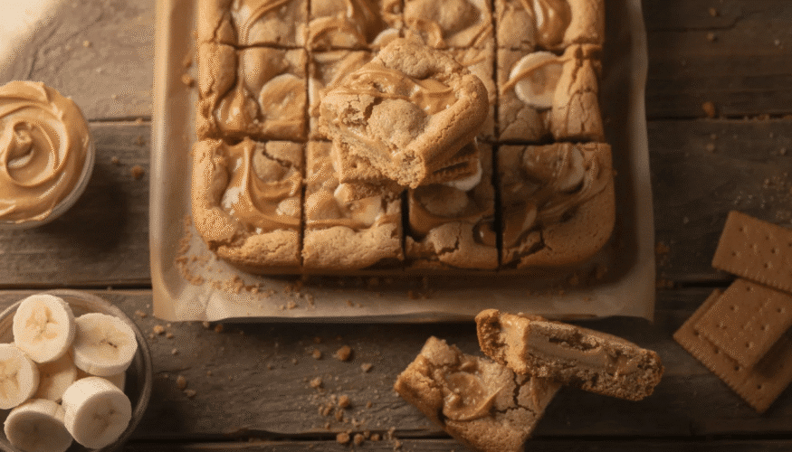 The image shows a delicious tray of Peanut Butter, Banana, and Graham Cracker Cookie Bars, beautifully arranged and ready to be enjoyed. These cookie bars are perfect for hobby baking enthusiasts looking for a unique treat, showcasing a delightful combination of flavors and textures.