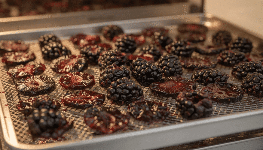 The image depicts a process of dehydrating blackberries, showcasing fresh, juicy blackberries laid out on dehydrator trays, ready for the drying process. Nearby, there are tools like a food processor and mason jars, emphasizing the transformation of fresh blackberries into dehydrated berries for long-term storage and healthy snacks.