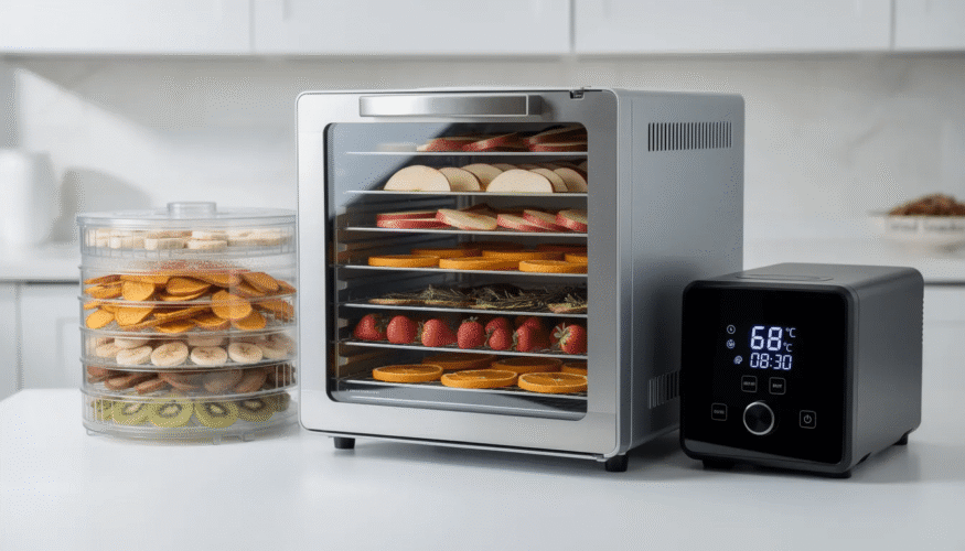 The image showcases a variety of food dehydrators featuring stainless steel and plastic trays, designed for making healthy snacks like beef jerky, kale chips, and dried fruits. The appliances include a digital display for optimal temperature settings and are made from BPA-free materials, ensuring safe food preservation and storage.