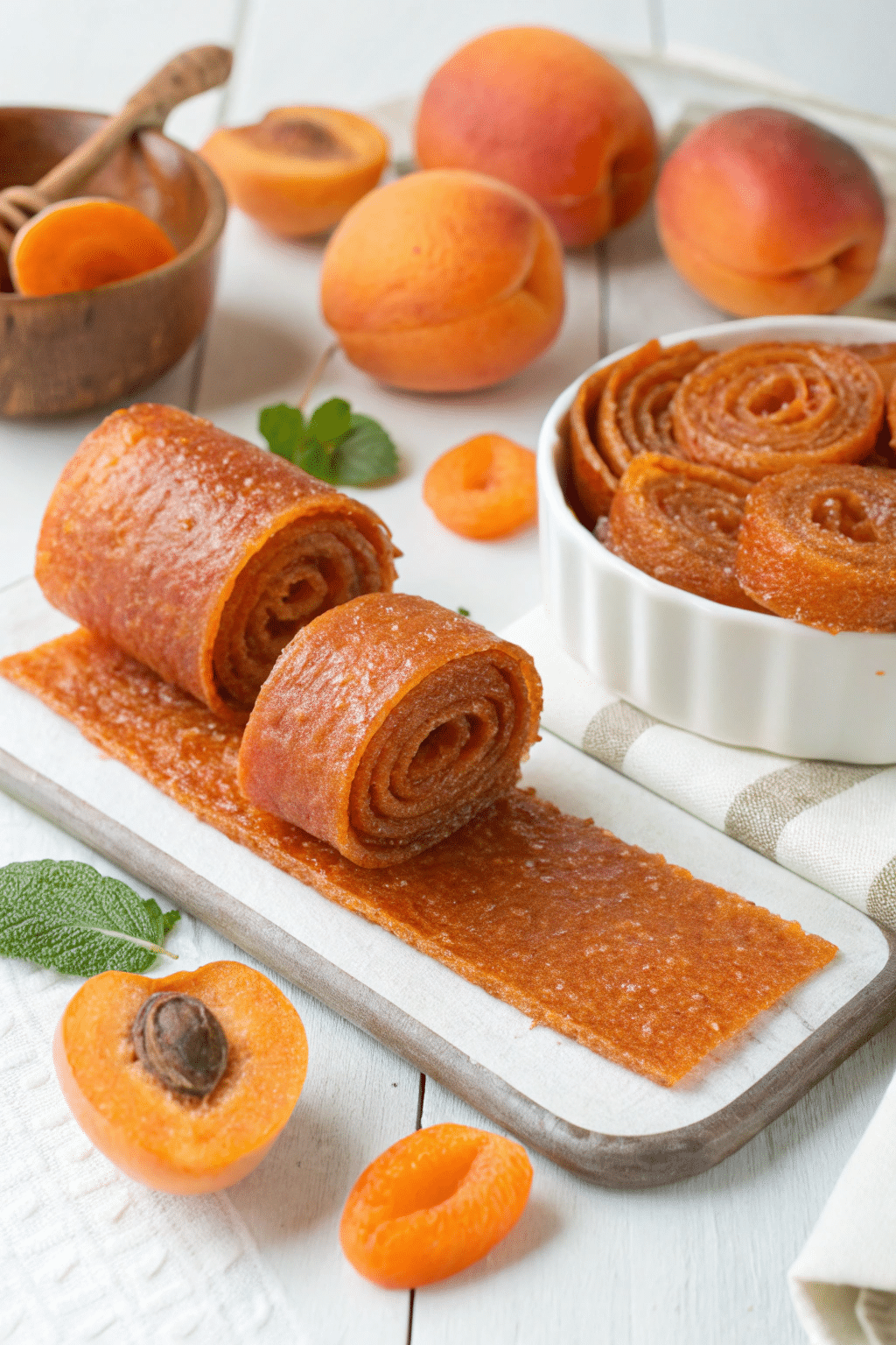 Rolled strips of apricot fruit leather, ready for storage or serving.