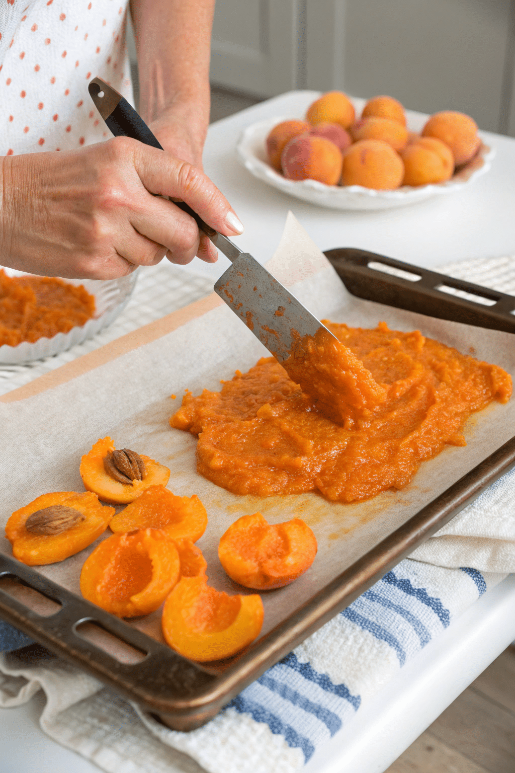 A spatula spreading apricot puree onto a dehydrator tray lined with parchment paper.