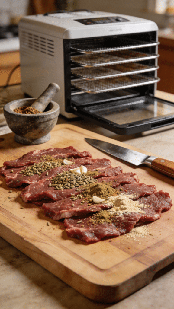 The image illustrates the process of making biltong, featuring thin slices of beef being seasoned with a spice mix that includes ground coriander seeds and garlic powder. A food dehydrator is shown in the background, ready for the drying process, while a sharp knife and a mortar and pestle are displayed to emphasize the preparation of the biltong cure.