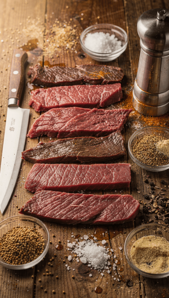 The image depicts a selection of various meats ideal for making biltong, including beef and venison, displayed alongside spices like coriander and garlic powder. A sharp knife and a spice grinder are also present, emphasizing the preparation process for creating homemade biltong with unique flavor profiles.