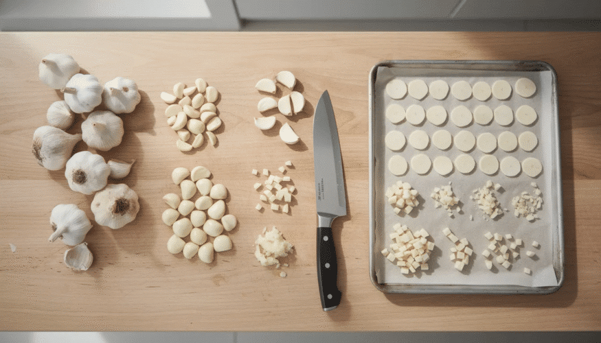 The image shows a step-by-step process of preparing garlic for dehydration, featuring peeled garlic cloves being sliced into uniform pieces on a cutting board. This preparation is essential for making homemade garlic powder or dried garlic flakes, ensuring even drying for enhanced flavor in soups and other recipes.