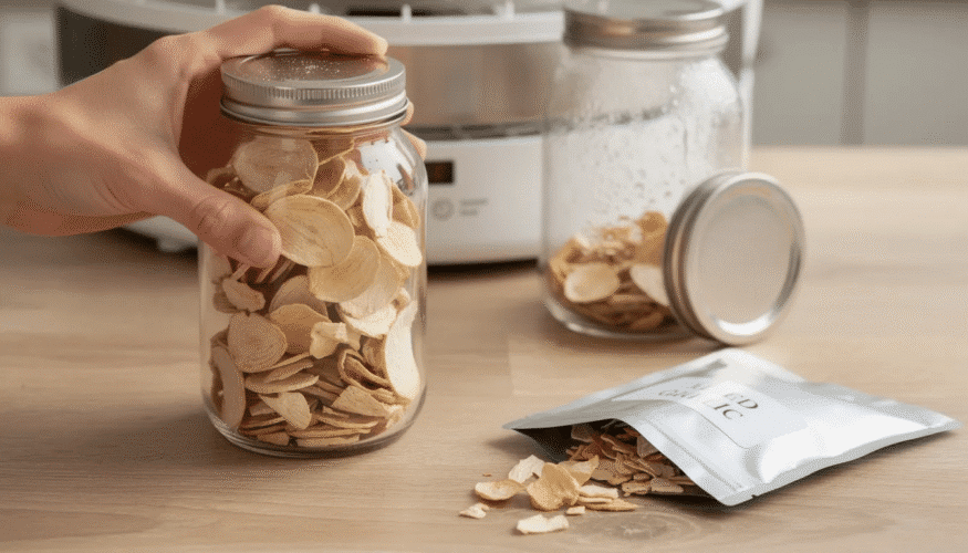 The image shows a glass jar filled with dried garlic pieces, ready for the conditioning process. The jar is placed on a kitchen countertop, and there are a few scattered garlic cloves nearby, emphasizing the transition from fresh garlic to homemade garlic powder through dehydration.
