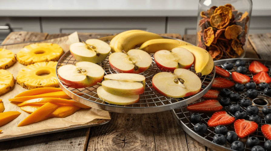 The image features a variety of fruits and berries suitable for dehydration, including apples, bananas, strawberries, and blueberries, displayed alongside exotic options like pineapples and mangoes. These fruits are shown in an air fryer basket, highlighting the process of dehydrate food to enhance flavors and extend shelf life.