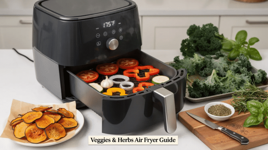The image features a colorful assortment of vegetables and herbs, including tomatoes, bell peppers, onions, garlic, zucchinis, and kale, arranged artfully to showcase their potential for dehydration in an air fryer. The vibrant colors and textures highlight how these ingredients can be transformed into crispy chips or dried herbs, enhancing their flavors and extending their shelf life.