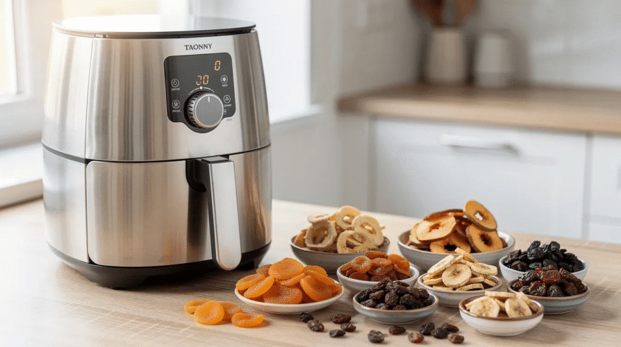 The image features an air fryer placed next to an assortment of dried fruits, including strawberries, bananas, and apples. The air fryer is designed to dehydrate food at low temperatures, effectively removing excess moisture to enhance flavors and extend the shelf life of delicious snacks.