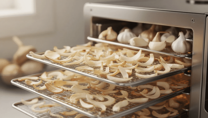 The image shows a dehydrator filled with sliced garlic cloves arranged in a single layer on the trays, ready for the dehydration process. Once completely dried, these garlic pieces can be turned into homemade garlic powder or stored in airtight containers for long-term use.
