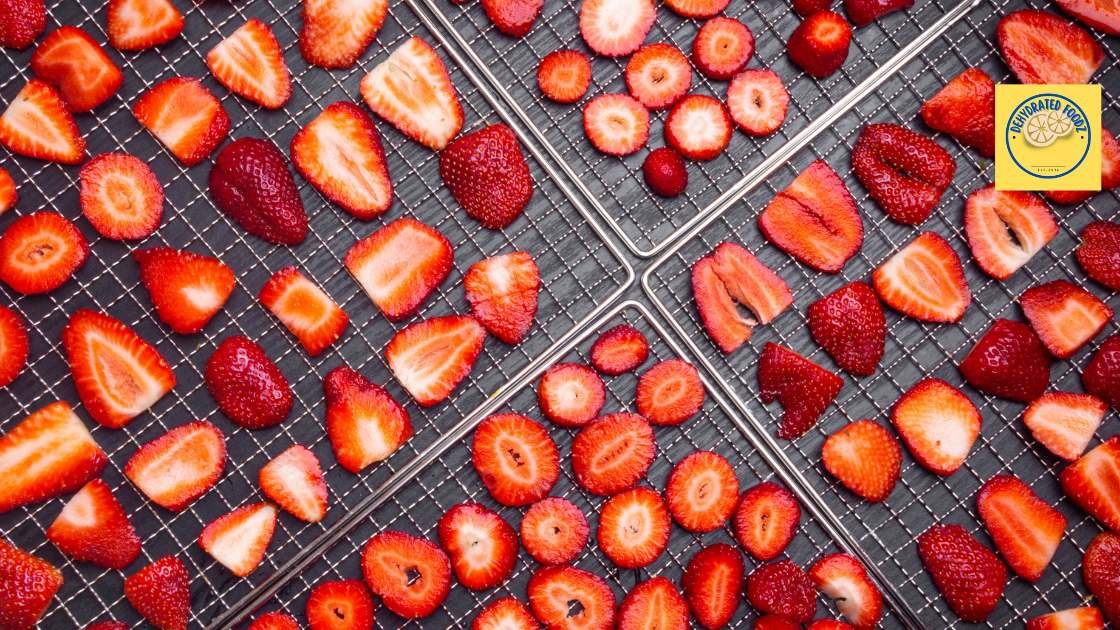 sliced strawberries on stainless steel food dehydrator trays