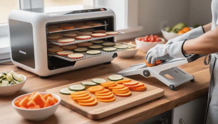 The image depicts a sleek mandoline food slicer, designed for creating uniform, thin slices of fresh produce such as fruits and vegetables. This essential food dehydrator accessory enhances the efficiency of the dehydration process by ensuring that all pieces are the same size for even drying.