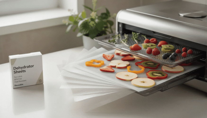 The image showcases a set of dehydrator sheets designed for use with food dehydrators, featuring both silicone and mesh options. These reusable, non-stick sheets prevent small or sticky foods from falling through stainless steel trays, ensuring efficient drying of fresh produce, herbs, and pet treats while simplifying the cleanup process.