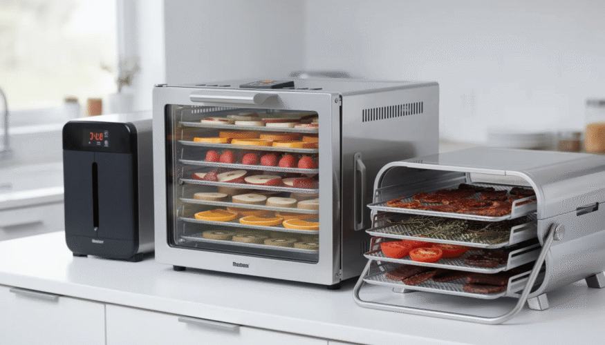 The image showcases a sleek stainless steel Vevor food dehydrator machine, featuring multiple trays for drying various ingredients such as fruits, vegetables, and meat. With its smart digital display and adjustable temperature control, this convenient food dehydrator ensures optimal drying results while preserving the nutritional content of homemade dried food.