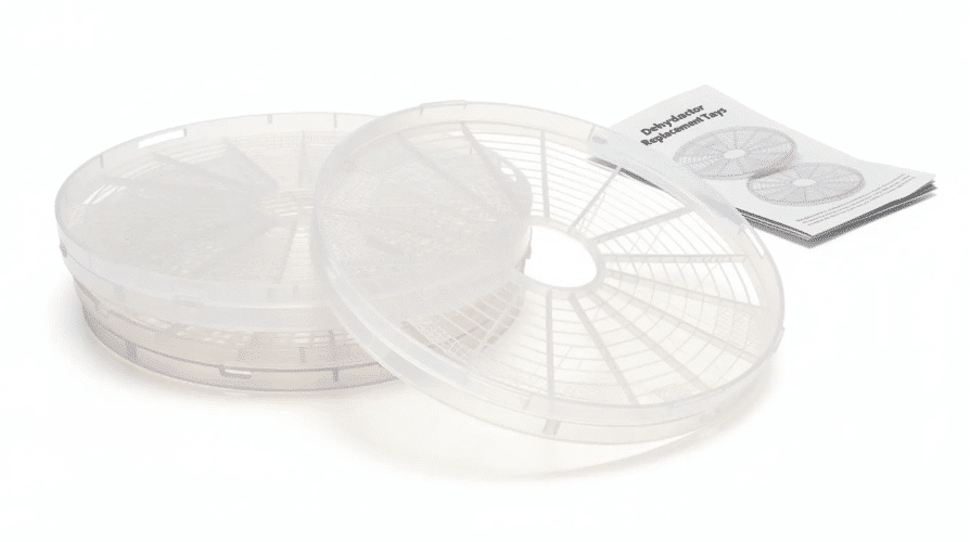 The image features a set of dehydrator replacement trays, designed to fit various dehydrators for drying fruits, vegetables, herbs, and meats. These reusable trays are clean and displayed neatly, showcasing their durability and functionality as essential accessories for food preservation.