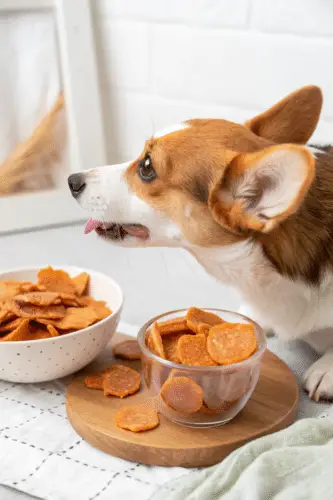 Two bowls full of dried sweet potatoes next to a dog.