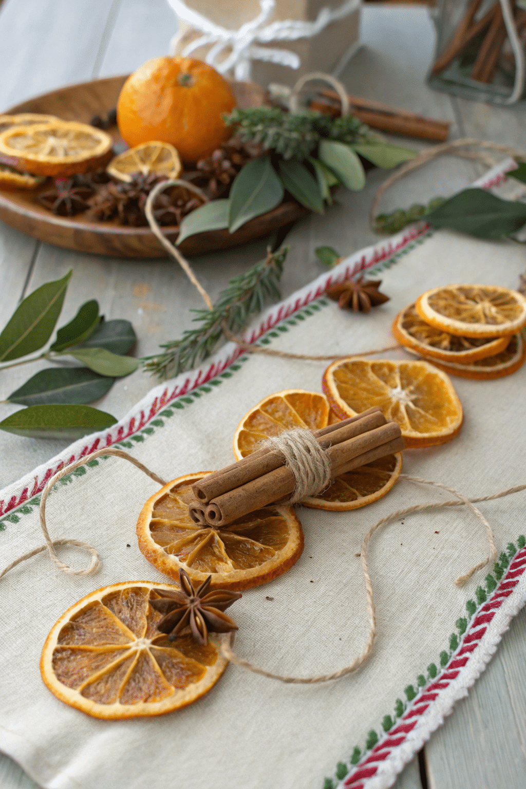 A dried orange garland decorated with cinnamon sticks and bay leaves, adding a festive touch.