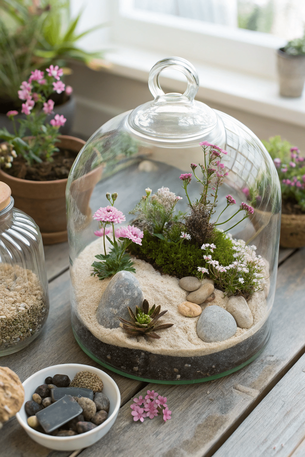 A glass terrarium filled with dehydrated flowers, pebbles, and sand, illustrating a miniature garden.