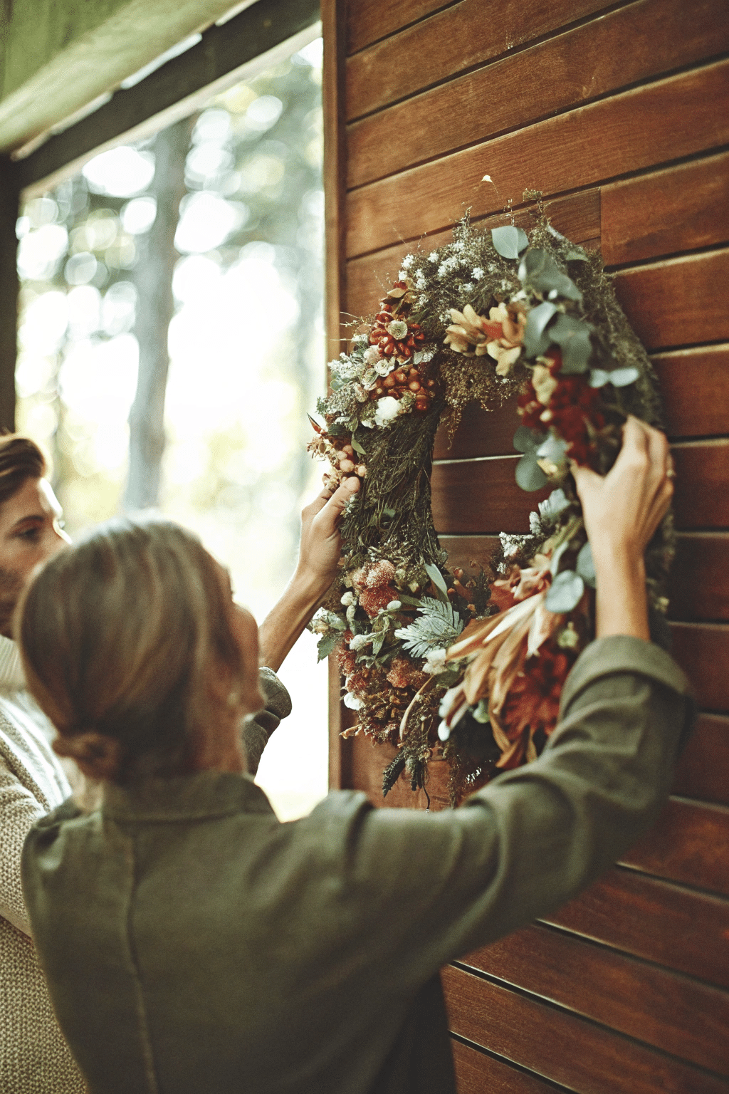 A handmade wreath crafted from dehydrated flowers and foliage, perfect for seasonal decoration.