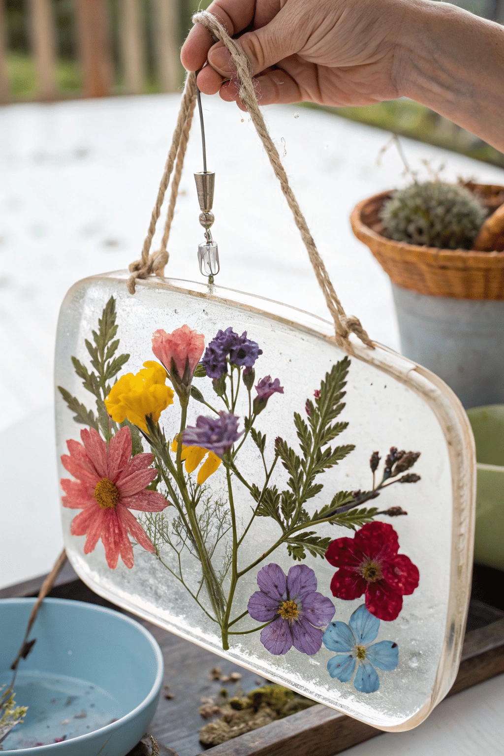 A piece of resin art featuring colorful dehydrated flowers suspended within, showcasing their vibrant colors.