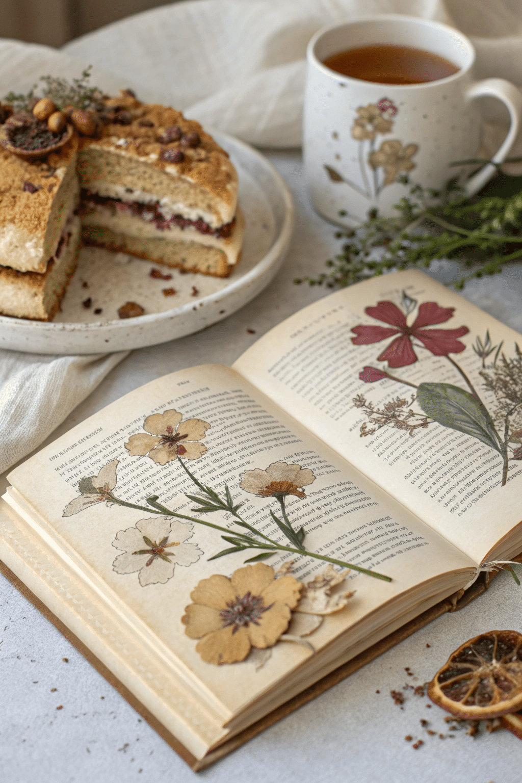An open book with dehydrated flowers artistically arranged on its pages, creating a unique decorative piece.
