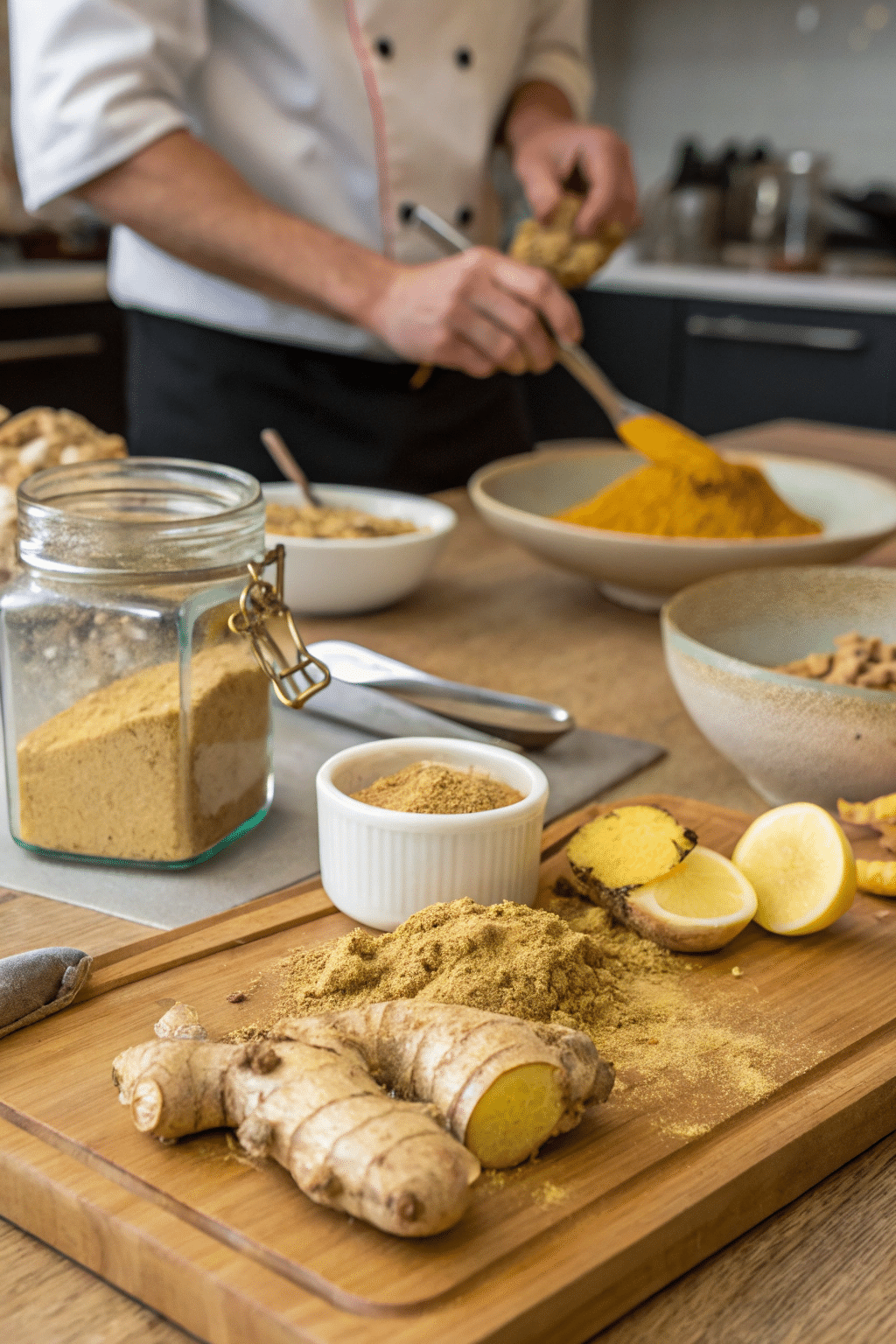 A kitchen scene with ginger root and powder being used in cooking, emphasizing their culinary versatility.