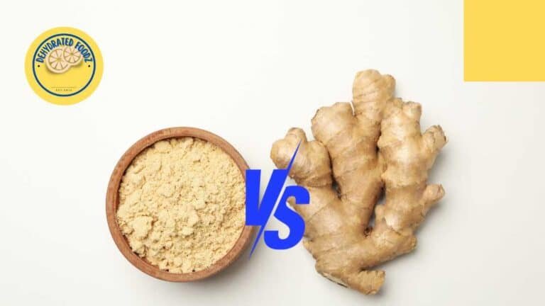 image of ginger powder in a bowl next to ginger root on a white background.