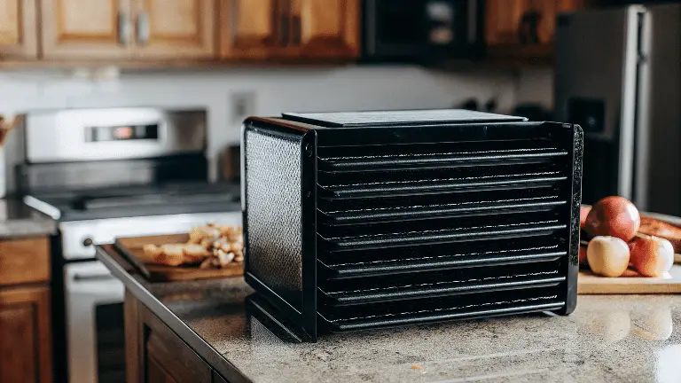 sleek square black food dehydrator in a kitchen.