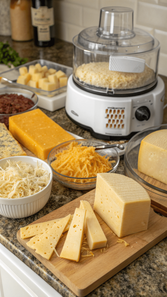 The image depicts various types of cheese, including cheddar and parmesan, arranged on a countertop, showcasing the selection process for dehydrating cheese. Nearby, a food processor and dehydrator tray are visible, emphasizing the tools and preparation needed for making delicious dehydrated cheese for long-term storage.