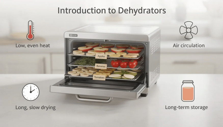 The image depicts a modern food dehydrator, showcasing its stainless steel trays and digital display for precise temperature control. This countertop appliance is designed for making healthy snacks like beef jerky and fruit leather, emphasizing its large capacity and efficient air circulation for consistent drying.