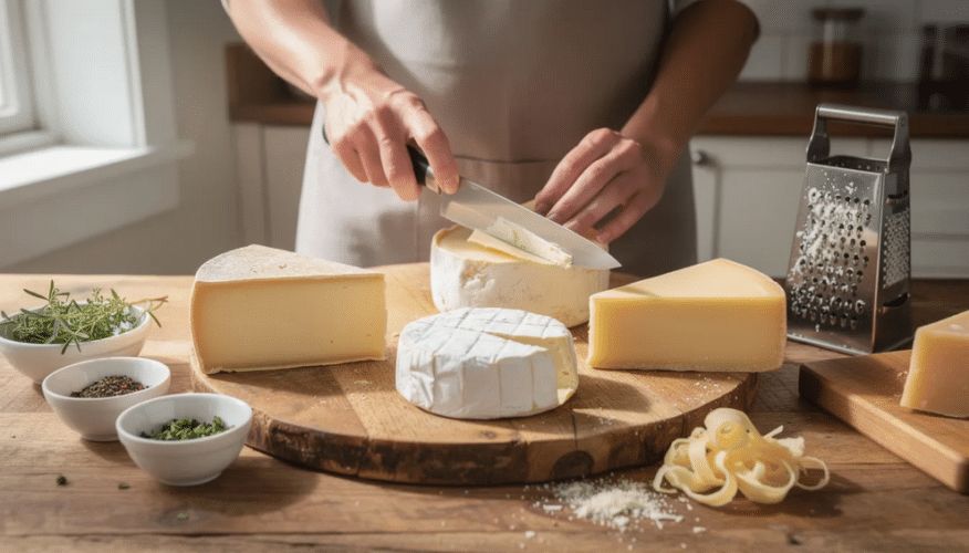 The image depicts a kitchen setup for prepping cheese, featuring various types of cheese like cheddar and parmesan, along with tools such as a food processor and dehydrator tray. The process includes removing excess moisture with paper towels and preparing the cheese for dehydration, aiming for a delicious and crunchy texture suitable for long-term storage or use in recipes.